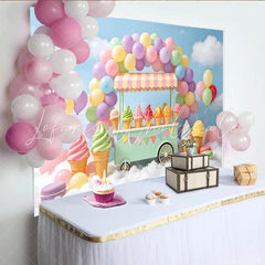 Lofaris Pastel Ice Cream Cart Birthday Backdrop with Colorful Balloons Sweet Dessert Shop Background for Kids Party Photography