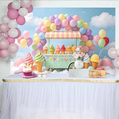 Lofaris Pastel Ice Cream Cart Birthday Backdrop with Colorful Balloons Sweet Dessert Shop Background for Kids Party Photography