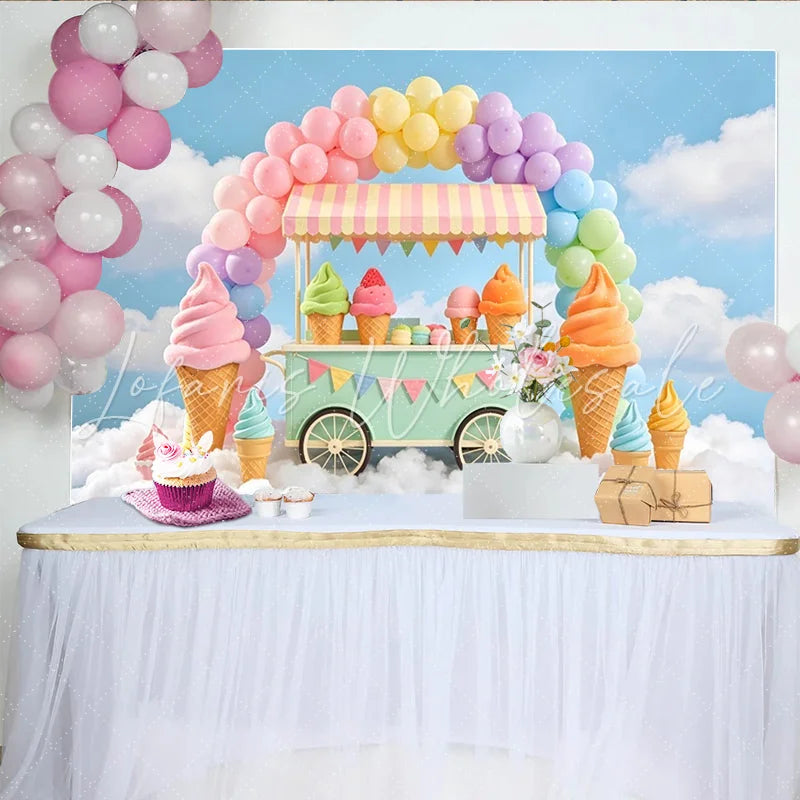 Lofaris Pastel Ice Cream Cart Birthday Backdrop with Rainbow Balloons Sweet Dessert Shop Background for Kids Party Photoshoot