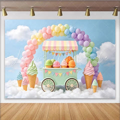 Lofaris Pastel Ice Cream Cart Rainbow Birthday Backdrop with Colorful Balloons Sweet Party Photography Background for Kids