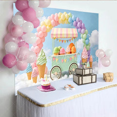 Lofaris Pastel Ice Cream Cart Rainbow Birthday Backdrop with Colorful Balloons Sweet Party Photography Background for Kids