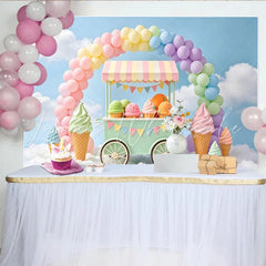 Lofaris Pastel Ice Cream Cart Rainbow Birthday Backdrop with Colorful Balloons Sweet Party Photography Background for Kids
