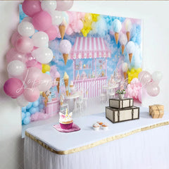 Lofaris Pastel Ice Cream Shop Photography Backdrop with Balloons and Cotton Candy Sweet Dessert Stand Background for Kids Party Photoshoot