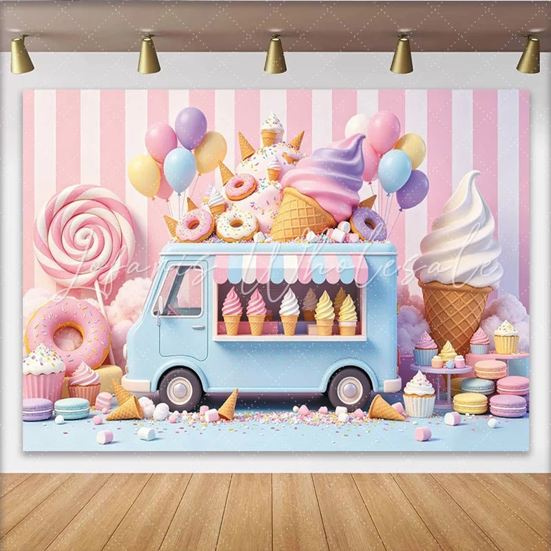 Lofaris Pastel Ice Cream Truck Birthday Backdrop with Donuts and Balloons Sweet Candy Land Dessert Shop Background for Kids Party Photoshoot