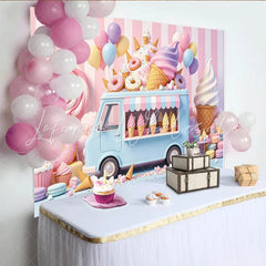 Lofaris Pastel Ice Cream Truck Birthday Backdrop with Donuts and Balloons Sweet Candy Land Dessert Shop Background for Kids Party Photoshoot