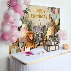 Lofaris Pastel Jungle Safari Animals Happy Birthday Backdrop with Elephant Lion and Giraffe for Kids Party