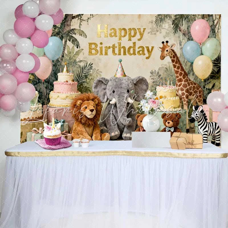 Lofaris Pastel Jungle Safari Animals Happy Birthday Backdrop with Elephant Lion and Giraffe for Kids Party