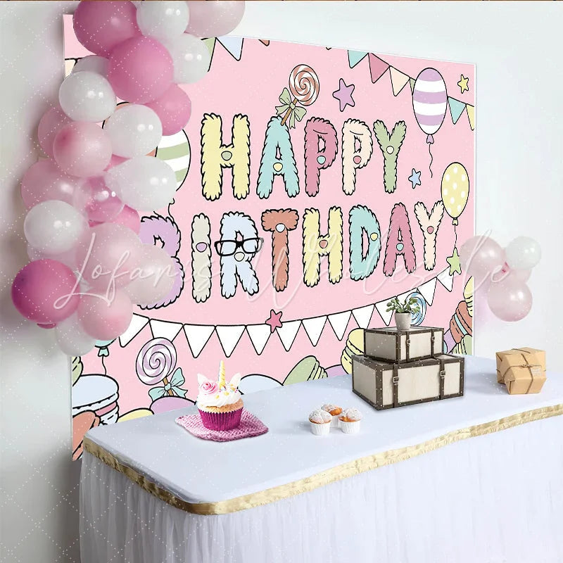 Lofaris Pastel Macaron Happy Birthday Backdrop with Balloons Cute Cartoon Party Decor for Kids Photography