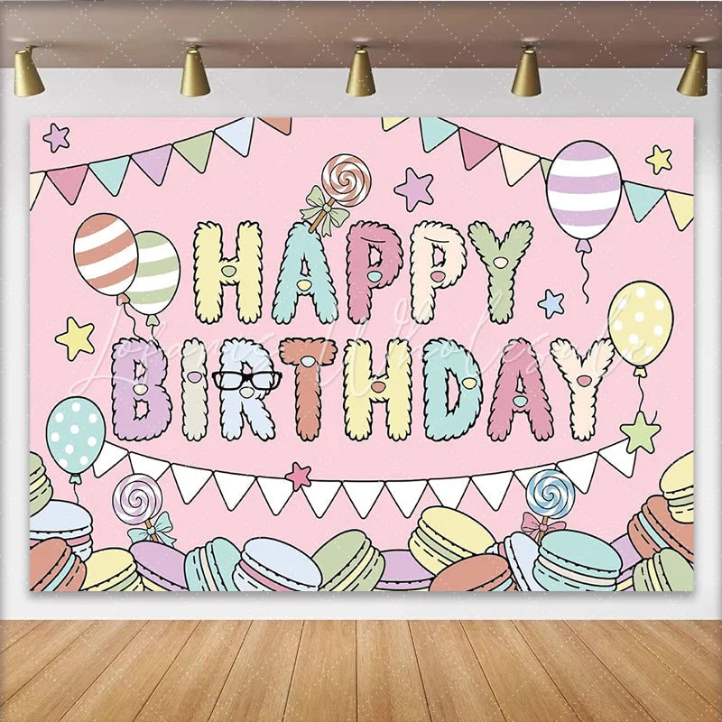 Lofaris Pastel Macaron Happy Birthday Backdrop with Balloons Cute Cartoon Party Decor for Kids Photography