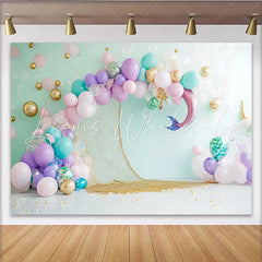 Lofaris Pastel Mermaid Birthday Backdrop with Balloons and Fishing Net Under the Sea Party Background for Girls