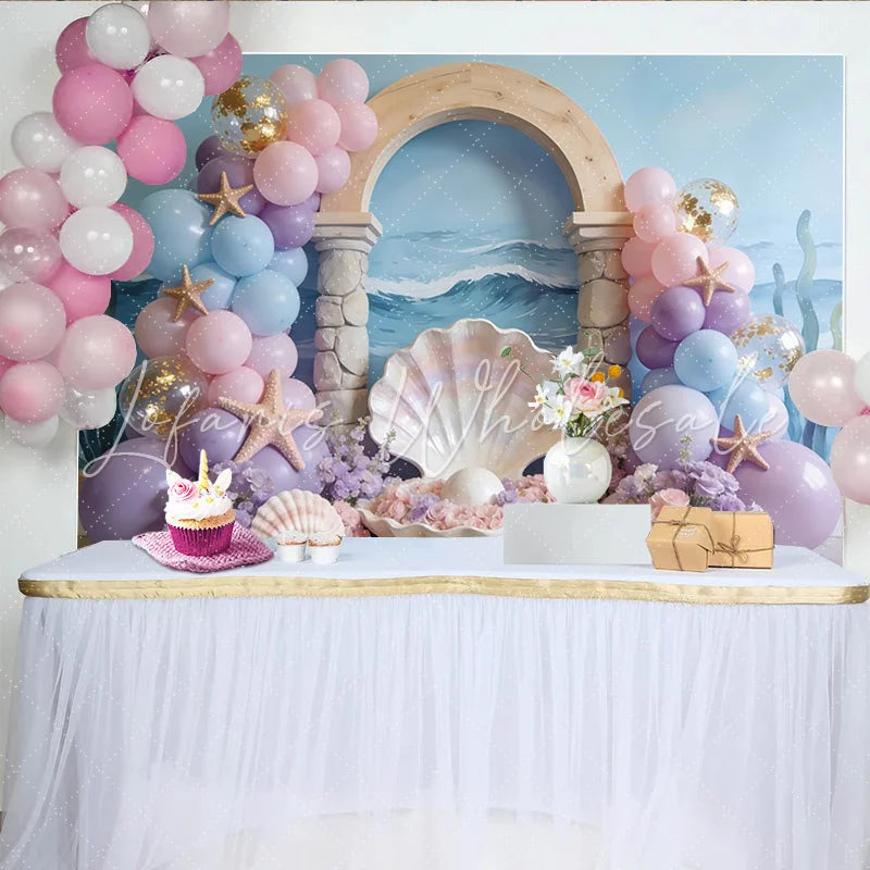 Lofaris Pastel Mermaid Birthday Backdrop with Balloons and Starfish Dreamy Ocean Theme Decor for Girls Party Photoshoot