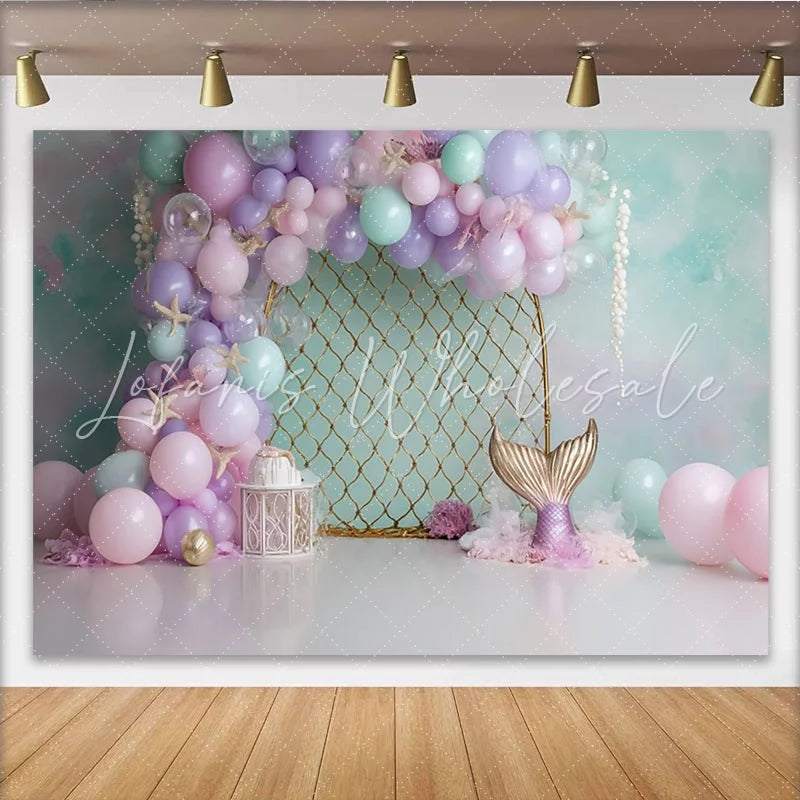 Lofaris Pastel Mermaid Birthday Backdrop with Balloons and Starfish Dreamy Underwater Photography Background for Party Decoration