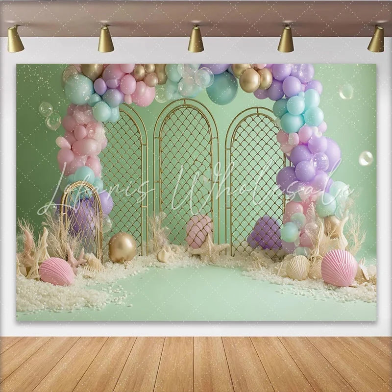 Lofaris Pastel Mermaid Birthday Backdrop with Golden Arches and Seashells Dreamy Under the Sea Party Background for Girls