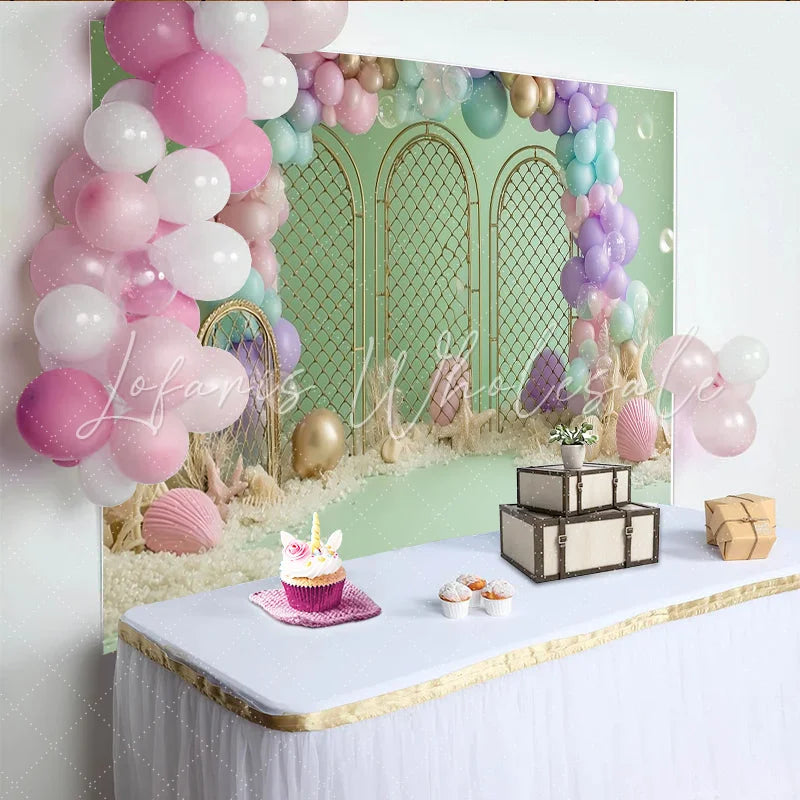Lofaris Pastel Mermaid Birthday Backdrop with Golden Arches and Seashells Dreamy Under the Sea Party Background for Girls