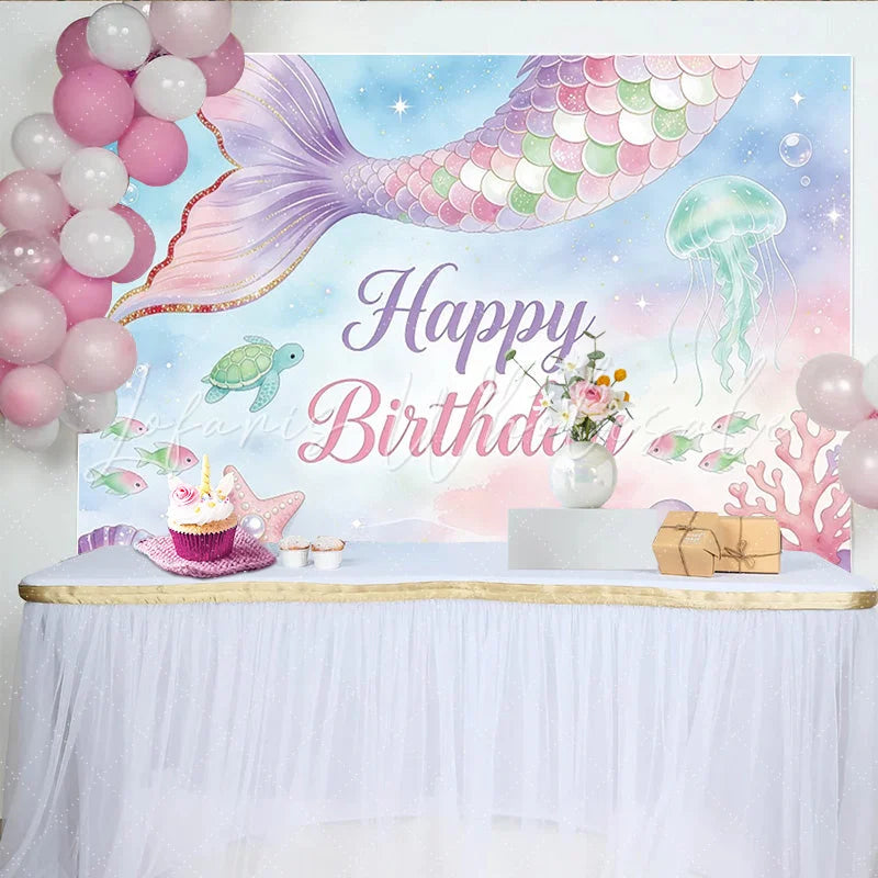 Lofaris Pastel Mermaid Happy Birthday Backdrop with Underwater Creatures and Glitter Dreamy Ocean Theme Background for Girls Party
