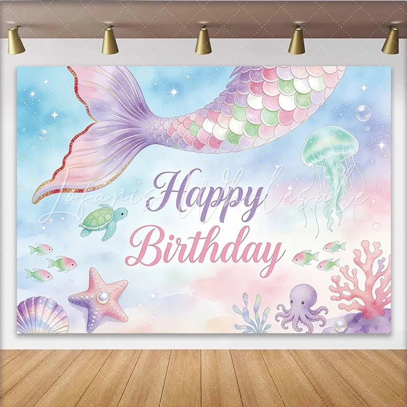 Lofaris Pastel Mermaid Happy Birthday Backdrop with Underwater Creatures and Glitter Dreamy Ocean Theme Background for Girls Party