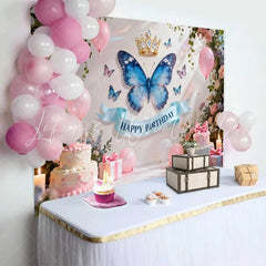Lofaris Pastel Pink and Blue Butterfly Birthday Cake Smash Backdrop Golden Crown Happy Birthday Floral Decor