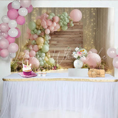 Lofaris Pastel Pink and Green Balloon Garland Boho Baby Shower Backdrop with Rustic Wood Elegant Photography Background for Party Decor