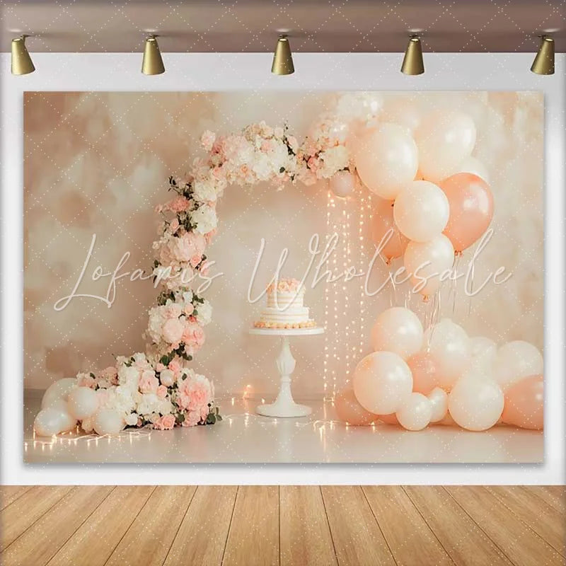 Lofaris Pastel Pink Balloon Floral Arch Wedding Backdrop Sweet Cake Fairy Lights Bridal Shower Background