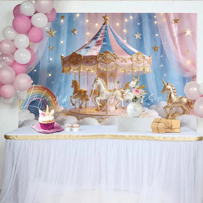 Lofaris Pastel Pink Blue Carousel Unicorn Photography Backdrop Dreamy Rainbow Cloud Photo Booth Background for Kids Party