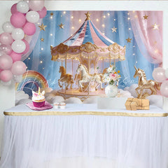 Lofaris Pastel Pink Blue Carousel Unicorn Photography Backdrop Dreamy Rainbow Cloud Photo Booth Background for Kids Party
