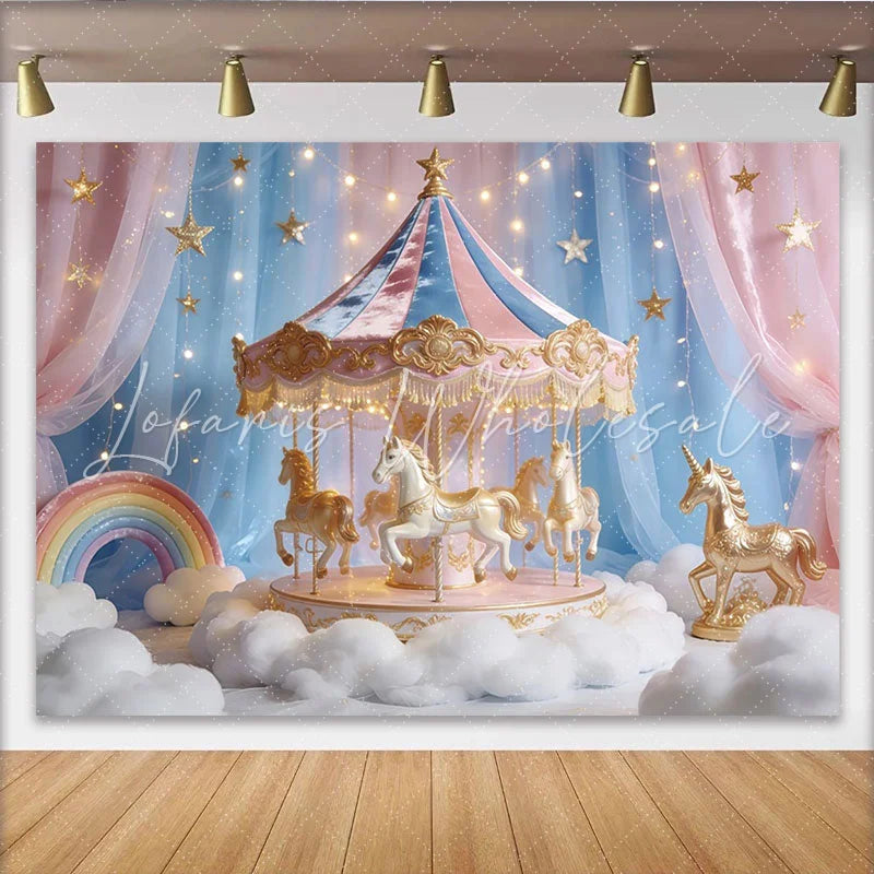Lofaris Pastel Pink Blue Carousel Unicorn Photography Backdrop Dreamy Rainbow Cloud Photo Booth Background for Kids Party