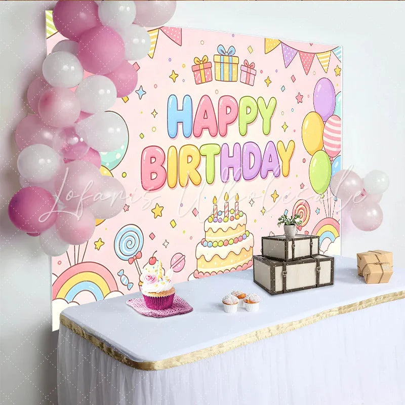 Lofaris Pastel Pink Cartoon Happy Birthday Backdrop with Colorful Balloons and Cake Cute Party Decor for Kids Photoshoot and Celebration