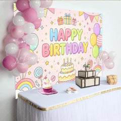 Lofaris Pastel Pink Cartoon Happy Birthday Backdrop with Colorful Balloons and Cake Cute Party Decor for Kids Photoshoot and Celebration