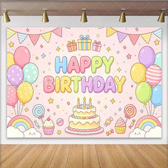 Lofaris Pastel Pink Cartoon Happy Birthday Backdrop with Colorful Balloons and Cake Cute Party Decor for Kids Photoshoot and Celebration