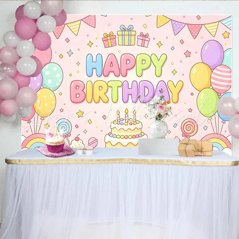 Lofaris Pastel Pink Cartoon Happy Birthday Backdrop with Colorful Balloons and Cake Cute Party Decor for Kids Photoshoot and Celebration