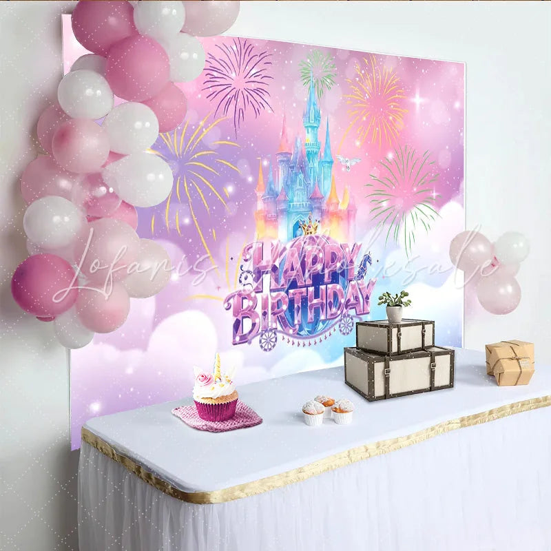 Lofaris Pastel Princess Castle Birthday Backdrop with Fireworks and Sparkles Magical Party Decor for Girls Photoshoot