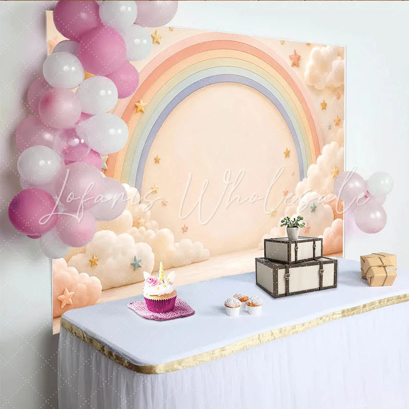 Lofaris Pastel Rainbow Baby Shower Backdrop with Fluffy Clouds and Stars Dreamy Photography Background for Newborn Photoshoot