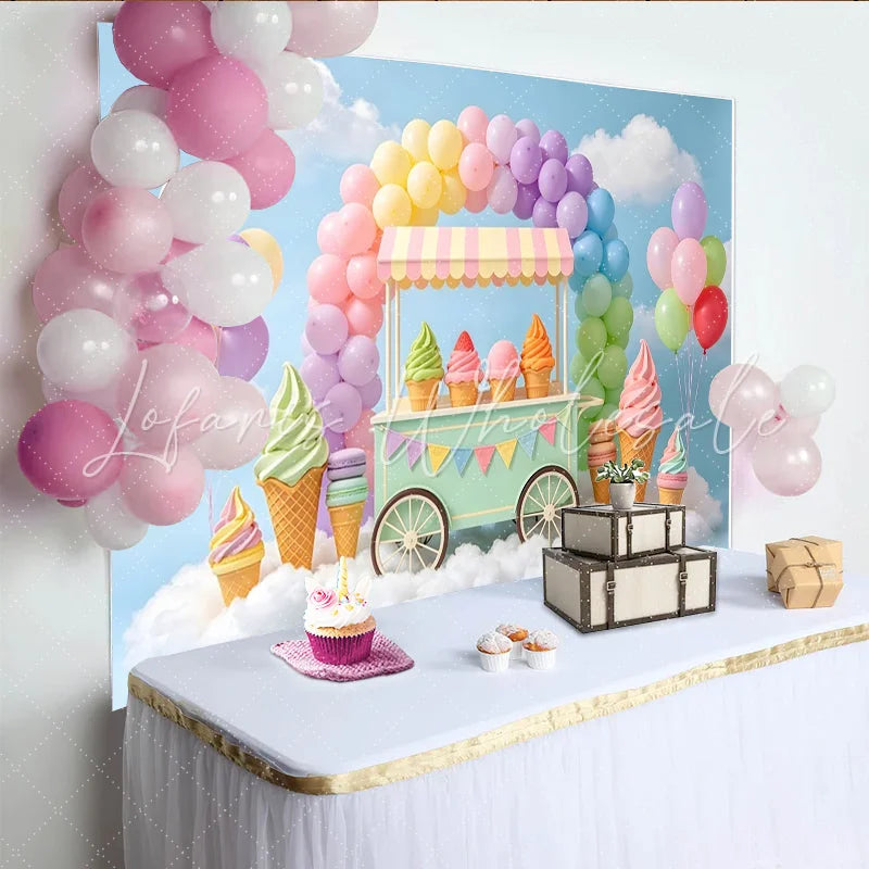 Lofaris Pastel Rainbow Ice Cream Birthday Backdrop with Sweet Cart Dreamy Cloud Photography Background for Kids Party