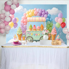 Lofaris Pastel Rainbow Ice Cream Birthday Backdrop with Sweet Cart Dreamy Cloud Photography Background for Kids Party