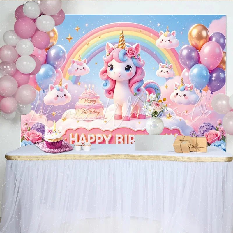 Lofaris Pastel Rainbow Unicorn Birthday Backdrop with Balloons and Cake Magical Fantasy Photo Background for Girls Party Decoration