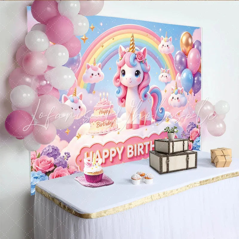 Lofaris Pastel Rainbow Unicorn Birthday Backdrop with Balloons and Cake Magical Fantasy Photo Background for Girls Party Decoration