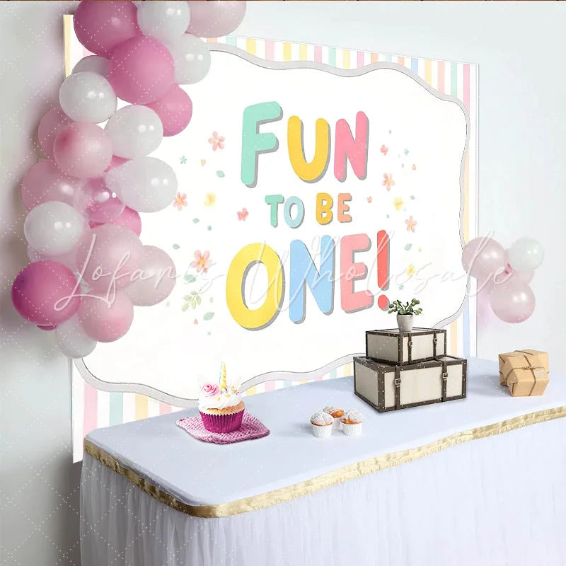 Lofaris Pastel Striped 1st Birthday Backdrop for Baby Girl Colorful Fun to Be One Banner for Cake Smash Photoshoot