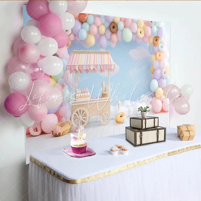 Lofaris Pastel Sweet Birthday Backdrop with Balloons and Donuts Charming Candy Cart Ice Cream Party Decor for Photoshoot