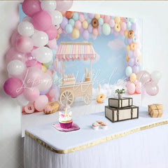 Lofaris Pastel Sweet Birthday Backdrop with Balloons and Donuts Charming Candy Cart Ice Cream Party Decor for Photoshoot