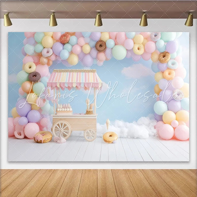 Lofaris Pastel Sweet Birthday Backdrop with Balloons and Donuts Charming Candy Cart Ice Cream Party Decor for Photoshoot