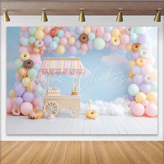 Lofaris Pastel Sweet Birthday Backdrop with Balloons and Donuts Charming Candy Cart Ice Cream Party Decor for Photoshoot
