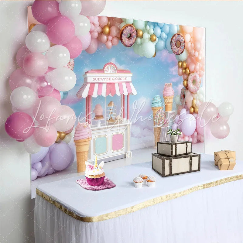 Lofaris Pastel Sweet Shop Birthday Backdrop with Balloons and Donuts Charming Dessert Stand Background for Girl’s Party Photoshoot