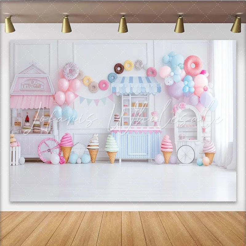 Lofaris Pastel Sweet Shop Birthday Backdrop with Ice Cream and Donuts Elegant Party Background for Girls Photoshoot