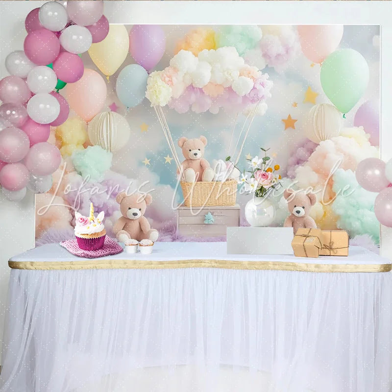 Lofaris Pastel Teddy Bear Baby Shower Backdrop with Balloons and Clouds Dreamy Party Decor for Newborn Photoshoot