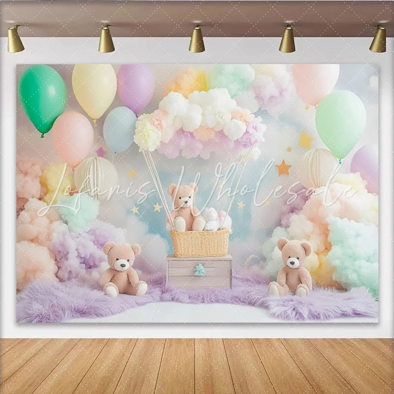 Lofaris Pastel Teddy Bear Baby Shower Backdrop with Balloons and Clouds Dreamy Party Decor for Newborn Photoshoot