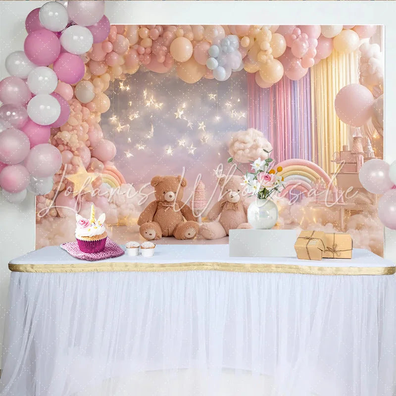 Lofaris Pastel Teddy Bear Baby Shower Backdrop with Balloons and Twinkling Stars Dreamy Photography Background for Newborn Party Decor