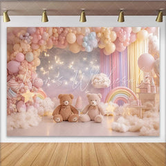 Lofaris Pastel Teddy Bear Baby Shower Backdrop with Balloons and Twinkling Stars Dreamy Photography Background for Newborn Party Decor