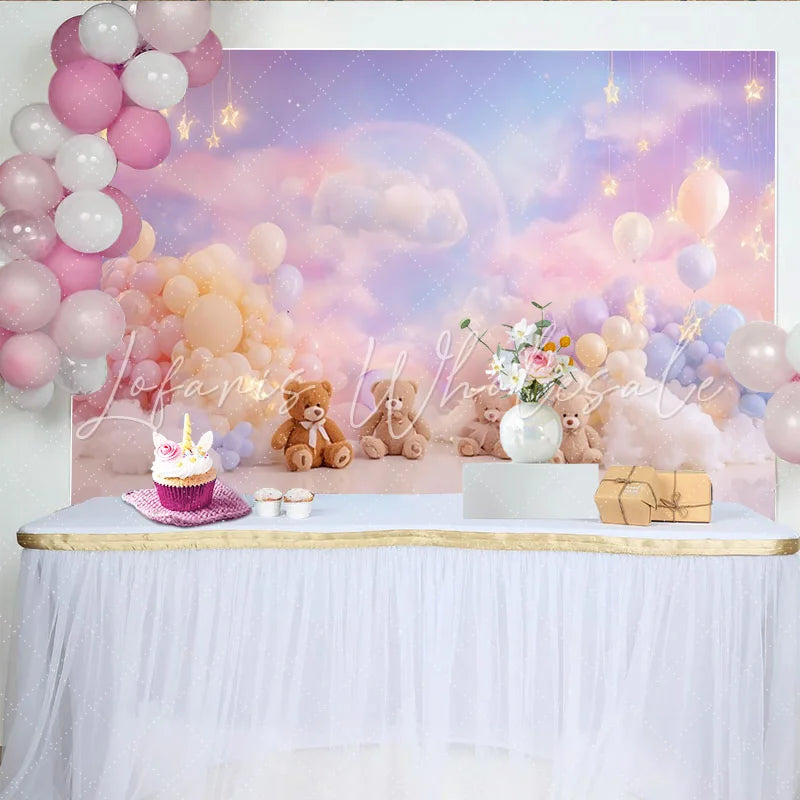 Lofaris Pastel Teddy Bear Baby Shower Backdrop with Dreamy Clouds Whimsical Photography Background for Newborn Photoshoot