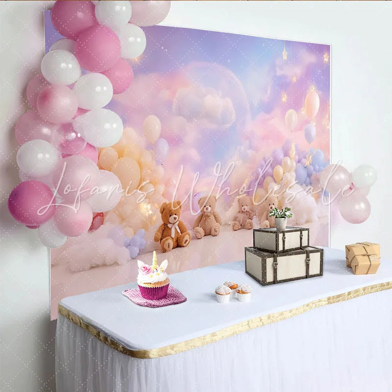 Lofaris Pastel Teddy Bear Baby Shower Backdrop with Dreamy Clouds Whimsical Photography Background for Newborn Photoshoot