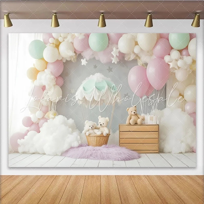 Lofaris Pastel Teddy Bear Hot Air Balloon Baby Shower Backdrop with Clouds and Stars Dreamy Photography Background for Newborns